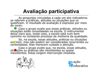 Avaliação participativa
As perguntas vinculadas a cada um dos indicadores
se referem a práticas, atitudes ou situações que os
qualificam. O resultado da avaliação é expresso por meio
de cores:
Caso o grupo avalie que essas práticas, atitudes ou
situações estão consolidadas na escola. O instrumental
deixa claro que, neste caso, a escola está num bom
caminho no constante processo de melhoria da qualidade.
Se, na escola, essas atitudes, práticas ou situações
ocorrem, mas não podem ser consideradas recorrentes ou
consolidadas. Elas merecem cuidado e atenção.
Caso o grupo avalie que, na escola, essas atitudes,
situações ou práticas são inexistentes ou quase
inexistentes. Estas exigem intervenção imediata.
 