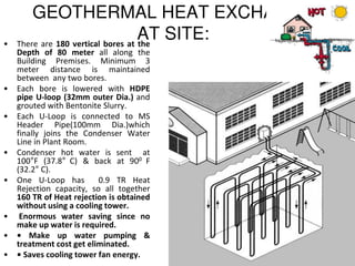 GEOTHERMAL HEAT EXCHANGE
AT SITE:• There are 180 vertical bores at the
Depth of 80 meter all along the
Building Premises. Minimum 3
meter distance is maintained
between any two bores.
• Each bore is lowered with HDPE
pipe U-loop (32mm outer Dia.) and
grouted with Bentonite Slurry.
• Each U-Loop is connected to MS
Header Pipe(100mm Dia.)which
finally joins the Condenser Water
Line in Plant Room.
• Condenser hot water is sent at
100°F (37.8° C) & back at 900 F
(32.2° C).
• One U-Loop has 0.9 TR Heat
Rejection capacity, so all together
160 TR of Heat rejection is obtained
without using a cooling tower.
• Enormous water saving since no
make up water is required.
• • Make up water pumping &
treatment cost get eliminated.
• • Saves cooling tower fan energy.
 
