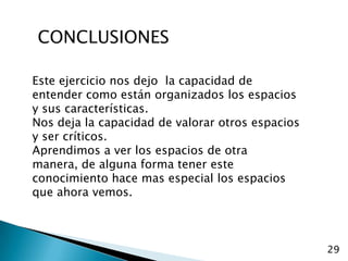 CONCLUSIONESEste ejercicio nos dejo  la capacidad de entender como están organizados los espacios y sus características.Nos deja la capacidad de valorar otros espacios y ser críticos.Aprendimos a ver los espacios de otra manera, de alguna forma tener este conocimiento hace mas especial los espacios que ahora vemos.29