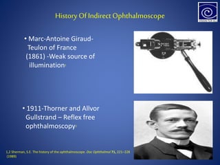 History Of Indirect Ophthalmoscope
• Marc-Antoine Giraud-
Teulon of France
(1861) -Weak source of
illumination1
• 1911-Thorner and Allvor
Gullstrand – Reflex free
ophthalmoscopy2
1,2 Sherman, S.E. The history of the ophthalmoscope. Doc Ophthalmol 71, 221–228
(1989)
 