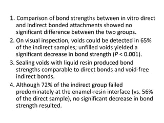 1. Comparison of bond strengths between in vitro direct
and indirect bonded attachments showed no
significant difference between the two groups.
2. On visual inspection, voids could be detected in 65%
of the indirect samples; unfilled voids yielded a
significant decrease in bond strength (P < 0.001).
3. Sealing voids with liquid resin produced bond
strengths comparable to direct bonds and void-free
indirect bonds.
4. Although 72% of the indirect group failed
predominately at the enamel-resin interface (vs. 56%
of the direct sample), no significant decrease in bond
strength resulted.
 