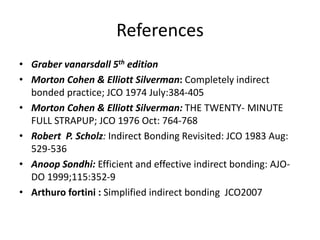 References
• Graber vanarsdall 5th edition
• Morton Cohen & Elliott Silverman: Completely indirect
bonded practice; JCO 1974 July:384-405
• Morton Cohen & Elliott Silverman: THE TWENTY- MINUTE
FULL STRAPUP; JCO 1976 Oct: 764-768
• Robert P. Scholz: Indirect Bonding Revisited: JCO 1983 Aug:
529-536
• Anoop Sondhi: Efficient and effective indirect bonding: AJO-
DO 1999;115:352-9
• Arthuro fortini : Simplified indirect bonding JCO2007
 