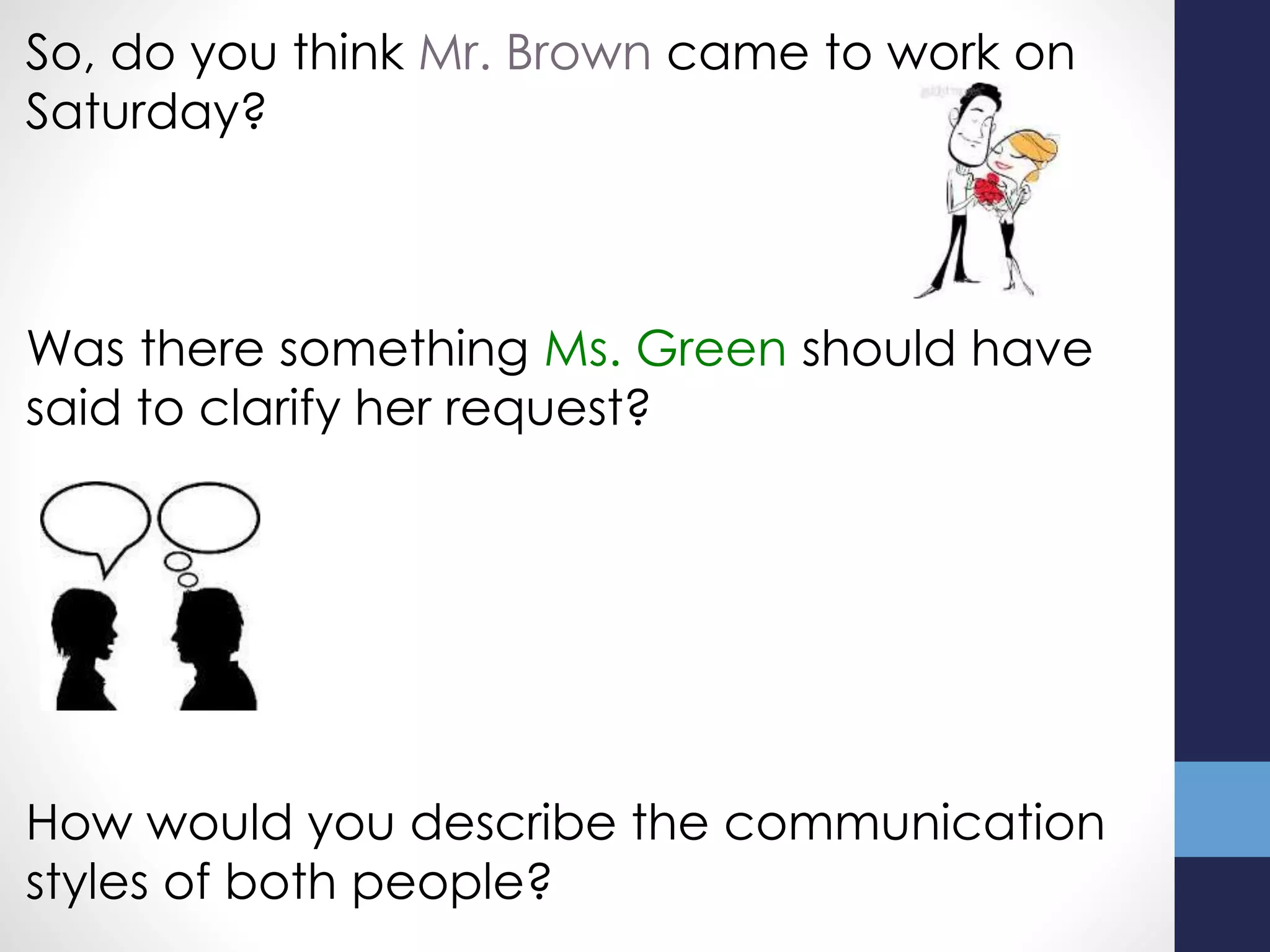 So, do you think Mr. Brown came to work on
Saturday?
Was there something Ms. Green should have
said to clarify her request?
How would you describe the communication
styles of both people?
 