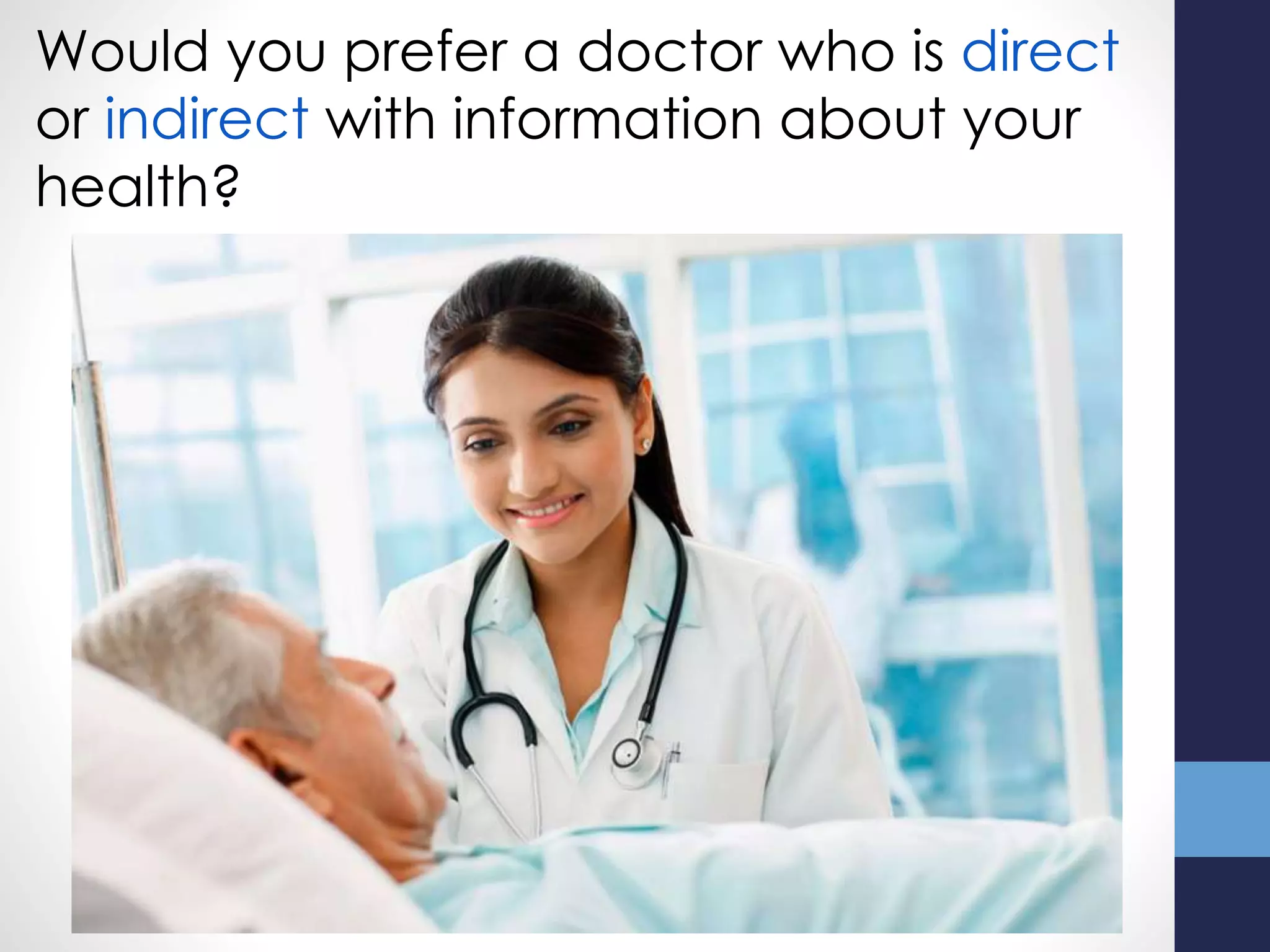 Would you prefer a doctor who is direct
or indirect with information about your
health?
 