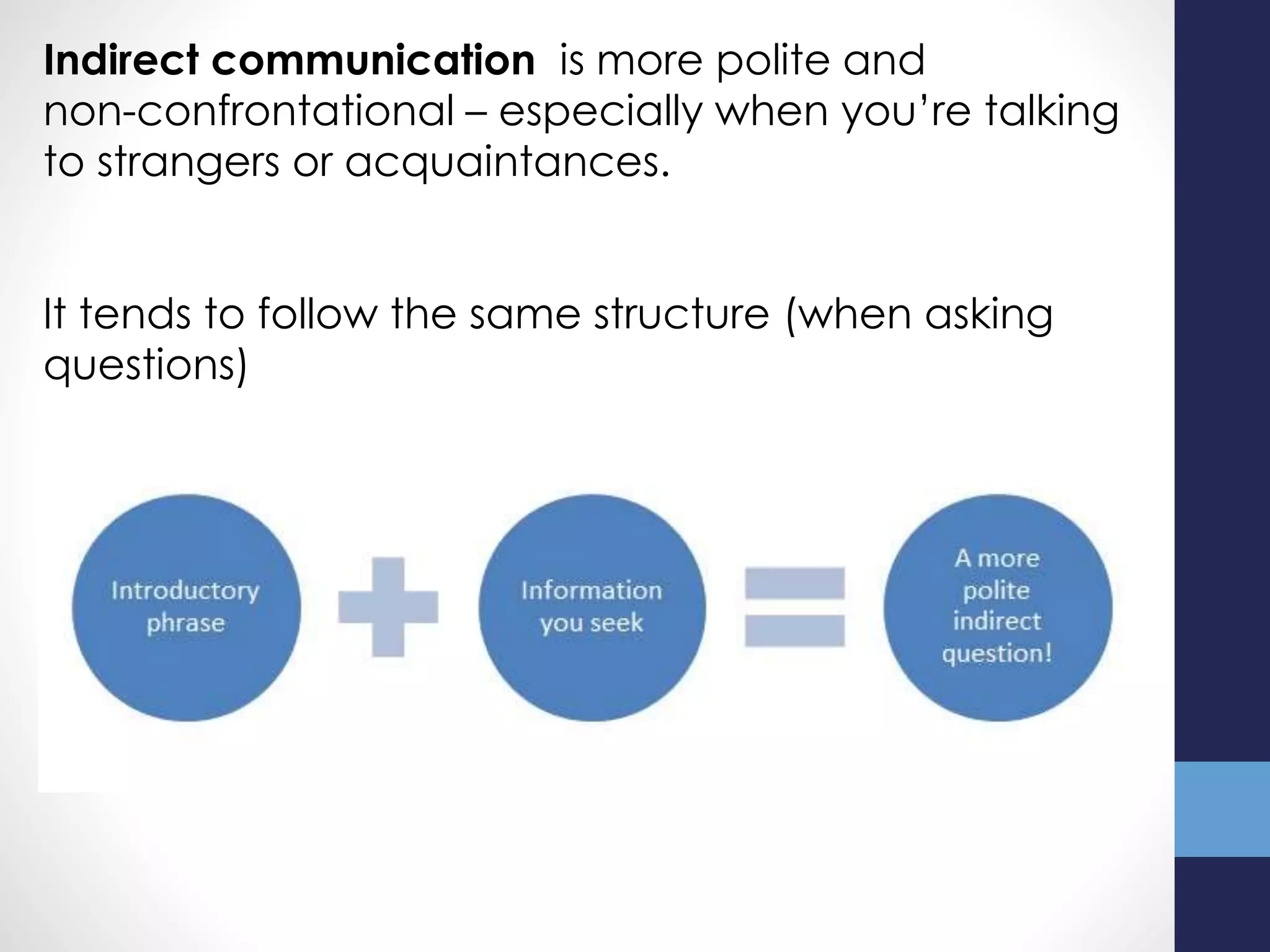 Indirect communication is more polite and
non-confrontational – especially when you’re talking
to strangers or acquaintances.
It tends to follow the same structure (when asking
questions)
 