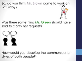 So, do you think Mr. Brown came to work on
Saturday?
Was there something Ms. Green should have
said to clarify her request?
How would you describe the communication
styles of both people?
 