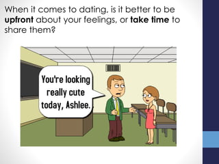 When it comes to dating, is it better to be
upfront about your feelings, or take time to
share them?
 