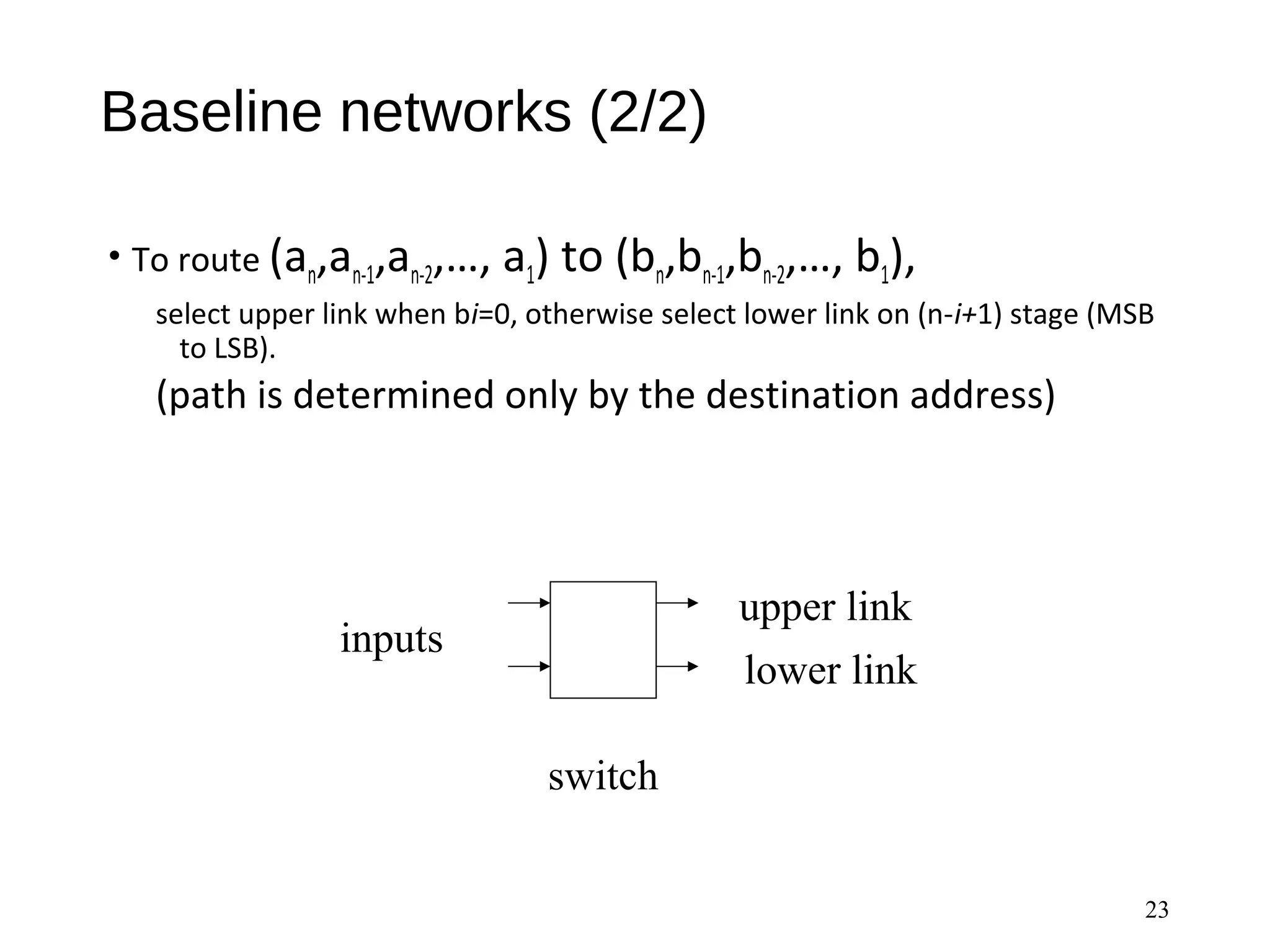 Baseline networks (2/2)
• To route (an,an-1,an-2,…, a1) to (bn,bn-1,bn-2,…, b1),
select upper link when bi=0, otherwise select lower link on (n-i+1) stage (MSB
to LSB).
(path is determined only by the destination address)
23
switch
upper link
lower link
inputs
 