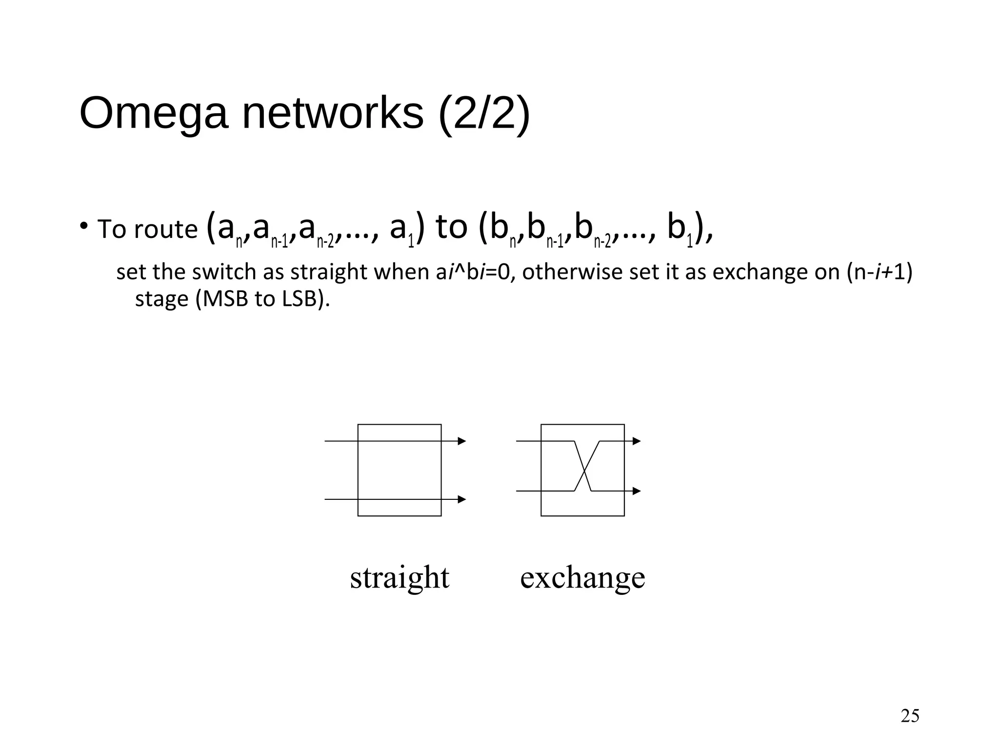 Omega networks (2/2)
• To route (an,an-1,an-2,…, a1) to (bn,bn-1,bn-2,…, b1),
set the switch as straight when ai^bi=0, otherwise set it as exchange on (n-i+1)
stage (MSB to LSB).
25
straight exchange
 