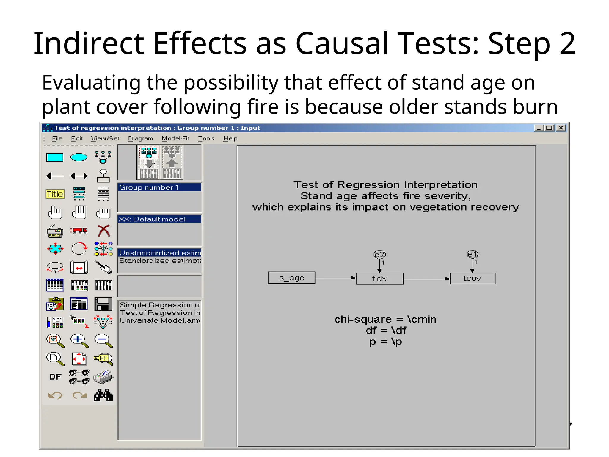 7
Evaluating the possibility that effect of stand age on
plant cover following fire is because older stands burn
hotter.
Indirect Effects as Causal Tests: Step 2
 