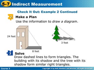 Use the information to  draw a diagram . h Draw dashed lines to form triangles. The building with its shadow and the tree with its shadow form similar right triangles. Check It Out: Example 2 Continued 2 Make a Plan Solve 3 3 feet 8 feet 24 feet 