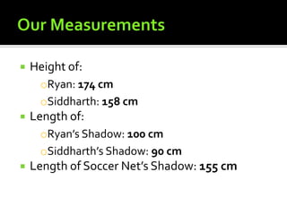    Height of:
     oRyan: 174 cm
     oSiddharth: 158 cm
   Length of:
     oRyan’s Shadow: 100 cm
     oSiddharth’s Shadow: 90 cm
   Length of Soccer Net’s Shadow: 155 cm
 
