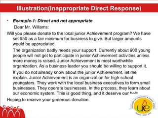 Illustration(Inappropriate Direct Response)
•  Example-1: Direct and not appropriate
    Dear Mr. Willams:
Will you please donate to the local junior Achievement program? We have
   set $50 as a fair minimum for business to give. But larger amounts
   would be appreciated.
   The organization badly needs your support. Currently about 900 young
   people will not get to participate in junior Achievement activities unless
   more money is raised. Junior Achievement is most worthwhile
   organization. As a business leader you should be willing to support it.
   If you do not already know about the junior Achievement, let me
   explain. Junior Achievement is an organization for high school
   youngsters. They work with the local business executives to form small
   businesses. They operate businesses. In the process, they learn about
   our economic system. This is good thing, and it deserve our help.
Hoping to receive your generous donation.
 