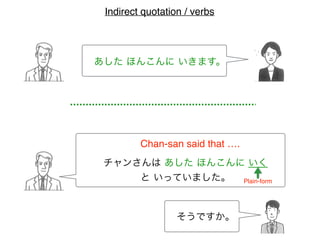 Indirect quotation / verbs
あした ほんこんに いきます。
チャンさんは あした ほんこんに いく
と いっていました。
Chan-san said that ….
そうですか。
Plain-form
 