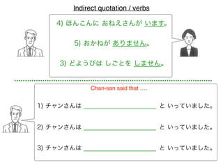 4) ほんこんに おねえさんが います。
1) チャンさんは
Chan-san said that ….
5) おかねが ありません。
3) どようびは しごとを しません。
と いっていました。
2) チャンさんは と いっていました。
3) チャンさんは と いっていました。
Indirect quotation / verbs
 