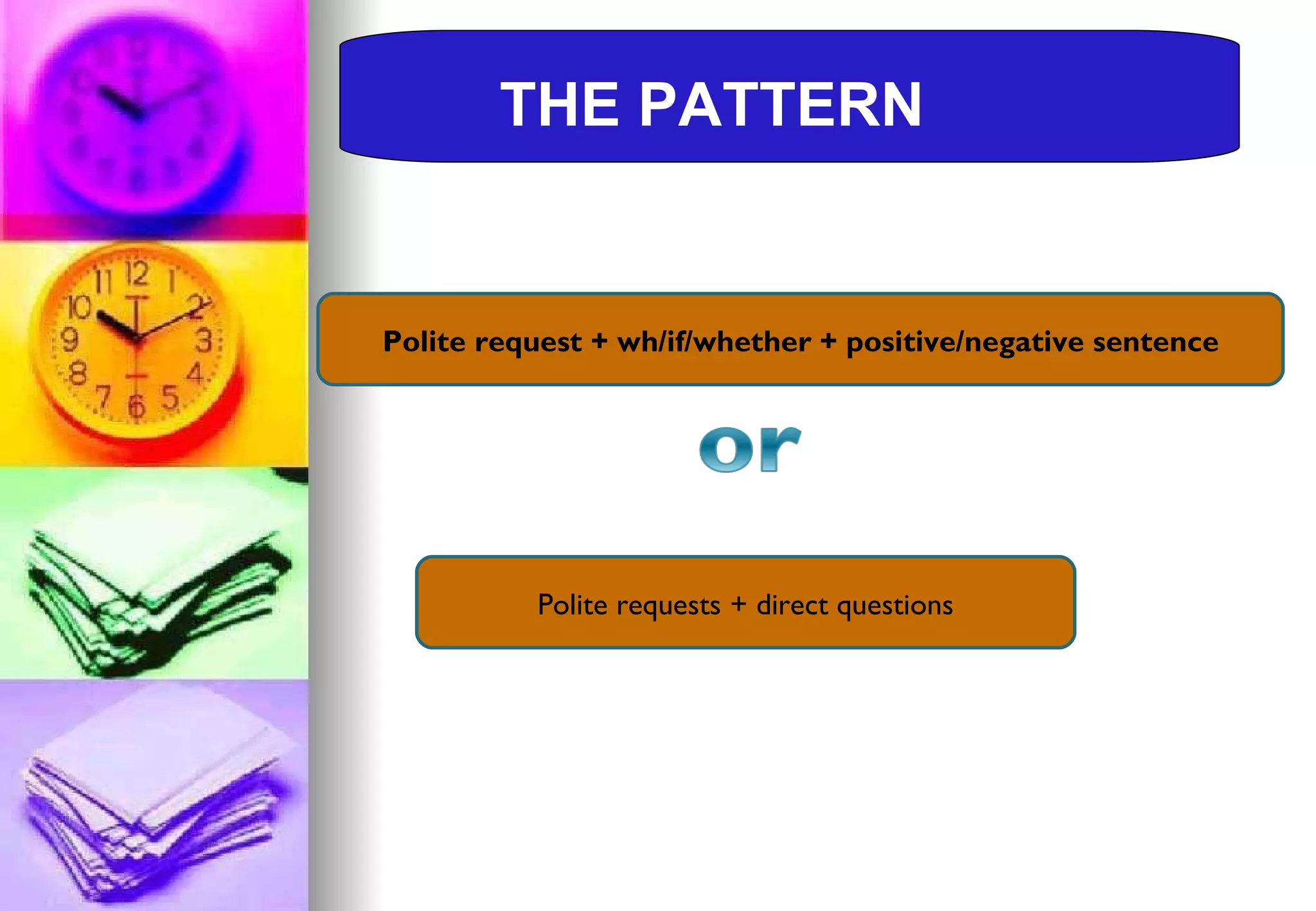 THE PATTERN Polite request + wh/if/whether + positive/negative sentence Polite requests + direct questions 