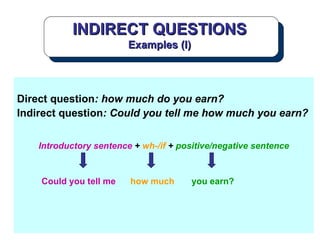 INDIRECT QUESTIONS Examples (I) Direct question : how much do you earn? Indirect question : Could you tell me how much you earn? Introductory sentence  +  wh-/if  +  positive/negative sentence Could you tell me  how much   you earn? 