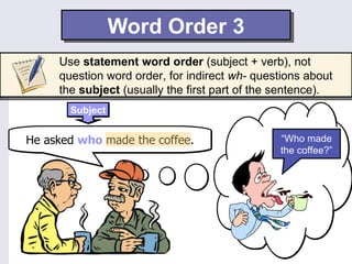 Word Order 3
     Use statement word order (subject + verb), not
     question word order, for indirect wh- questions about
     the subject (usually the first part of the sentence).
       Subject


He asked who made the coffee.                  “Who made
                                               the coffee?”
 