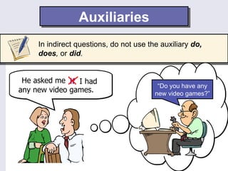 Auxiliaries
     In indirect questions, do not use the auxiliary do,
     does, or did.


 He asked me do I have
              if I had
                                          “Do you have any
 any new video games.
any new video games.                     new video games?”
 