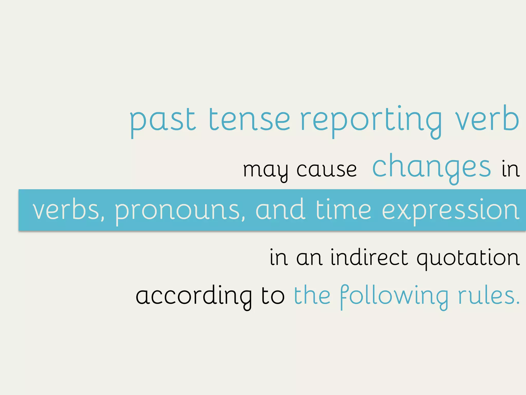 past tense reporting verb
may cause changes in
verbs, pronouns, and time expression
in an indirect quotation
according to the following rules.
 