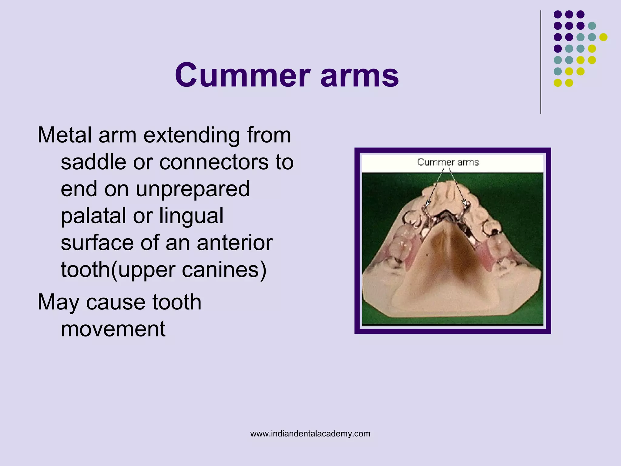 Cummer arms
Metal arm extending from
saddle or connectors to
end on unprepared
palatal or lingual
surface of an anterior
tooth(upper canines)
May cause tooth
movement
www.indiandentalacademy.com
 