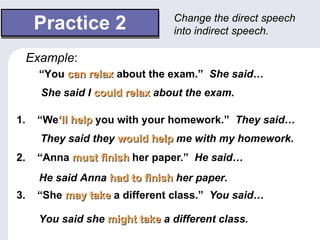 Practice 2 1.  “We ’ll help  you with your homework.”   They said… 2.  “Anna  must finish  her paper.”   He said… 3.  “She  may take  a different class.”   You said… Change the direct speech into indirect speech.  “ You  can relax  about the exam.”   She said… Example : She said I  could relax  about the exam. They said they  would help  me with my homework. He said Anna  had to finish  her paper. You said she  might take  a different class. 