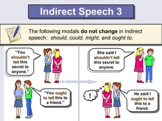 Indirect Speech 3 The following modals  do not change  in indirect speech:  should, could, might,  and  ought to. “ You  shouldn’t tell   this secret to anyone.” She said I  shouldn’t tell   this secret to anyone. “ You  ought to tell   this to a friend.” ! He said I  ought to tell   this to a friend. 