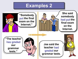 Examples 2 “ Somebody  put   the final exam on the Internet.” She said somebody  had put  the final exam on the Internet. “ The teacher  has graded   our grammar tests.” Joe said the teacher  had graded   our grammar tests. 