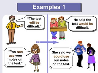 Examples 1 “ The test  will be   difficult.” He said the test  would be  difficult. She said we  could use   our notes on the test. “ You  can use   your notes on the test.” 