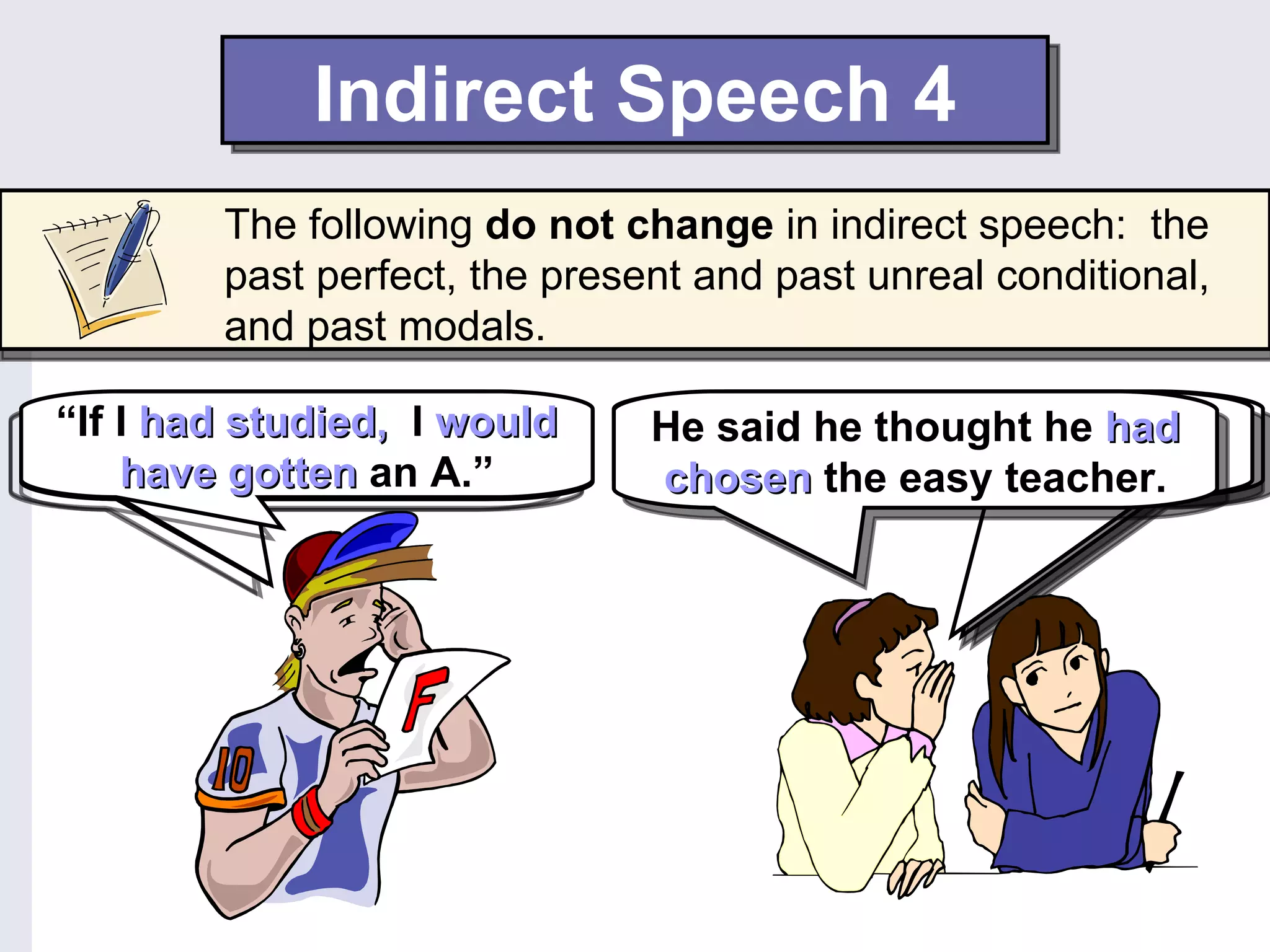 Indirect Speech 4
        The following do not change in indirect speech: the
        past perfect, the present and past unreal conditional,
        and past modals.

“If“I had studied,gotten
    I could I had I would
“I thought have chosen         He said he he had studied,
                                HeHe said thought he had
                                   said if he could have
    have from a tutor.”
     help gotten an A.”
    the easy teacher.”         he wouldhelp from a tutor.
                               chosen the easy teacher.A.
                                 gotten have gotten an
 