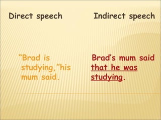 Direct speech      Indirect speech




  “Brad is         Brad’s mum said
   studying,”his   that he was
   mum said.       studying.
 