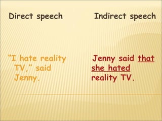 Direct speech     Indirect speech




“I hate reality   Jenny said that
  TV,” said       she hated
  Jenny.          reality TV.
 