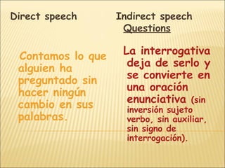 Direct speech      Indirect speech
                    Questions

 Contamos lo que    La interrogativa
 alguien ha          deja de serlo y
 preguntado sin      se convierte en
 hacer ningún        una oración
 cambio en sus       enunciativa (sin
                     inversión sujeto
 palabras.           verbo, sin auxiliar,
                     sin signo de
                     interrogación).
 
