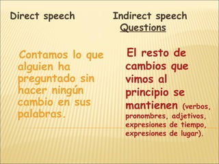 Direct speech      Indirect speech
                    Questions

 Contamos lo que     El resto de
 alguien ha          cambios que
 preguntado sin      vimos al
 hacer ningún        principio se
 cambio en sus       mantienen (verbos,
 palabras.           pronombres, adjetivos,
                     expresiones de tiempo,
                     expresiones de lugar).
 