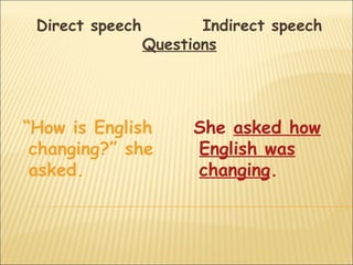 Direct speech          Indirect speech
                 Questions




“How is English        She asked how
 changing?” she        English was
 asked.                changing.
 
