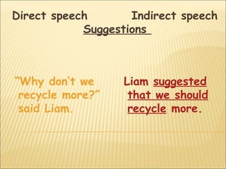 Direct speech       Indirect speech
            Suggestions



“Why don’t we      Liam suggested
 recycle more?”     that we should
 said Liam.         recycle more.
 