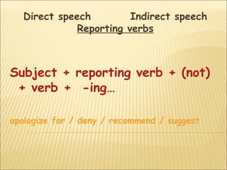Direct speech         Indirect speech
              Reporting verbs



Subject + reporting verb + (not)
 + verb + -ing…

apologize for / deny / recommend / suggest
 