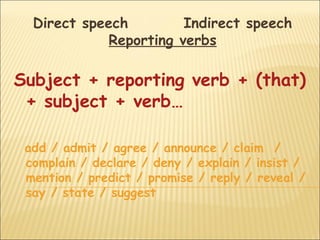 Direct speech         Indirect speech
             Reporting verbs

Subject + reporting verb + (that)
 + subject + verb…

 add / admit / agree / announce / claim /
 complain / declare / deny / explain / insist /
 mention / predict / promise / reply / reveal /
 say / state / suggest
 