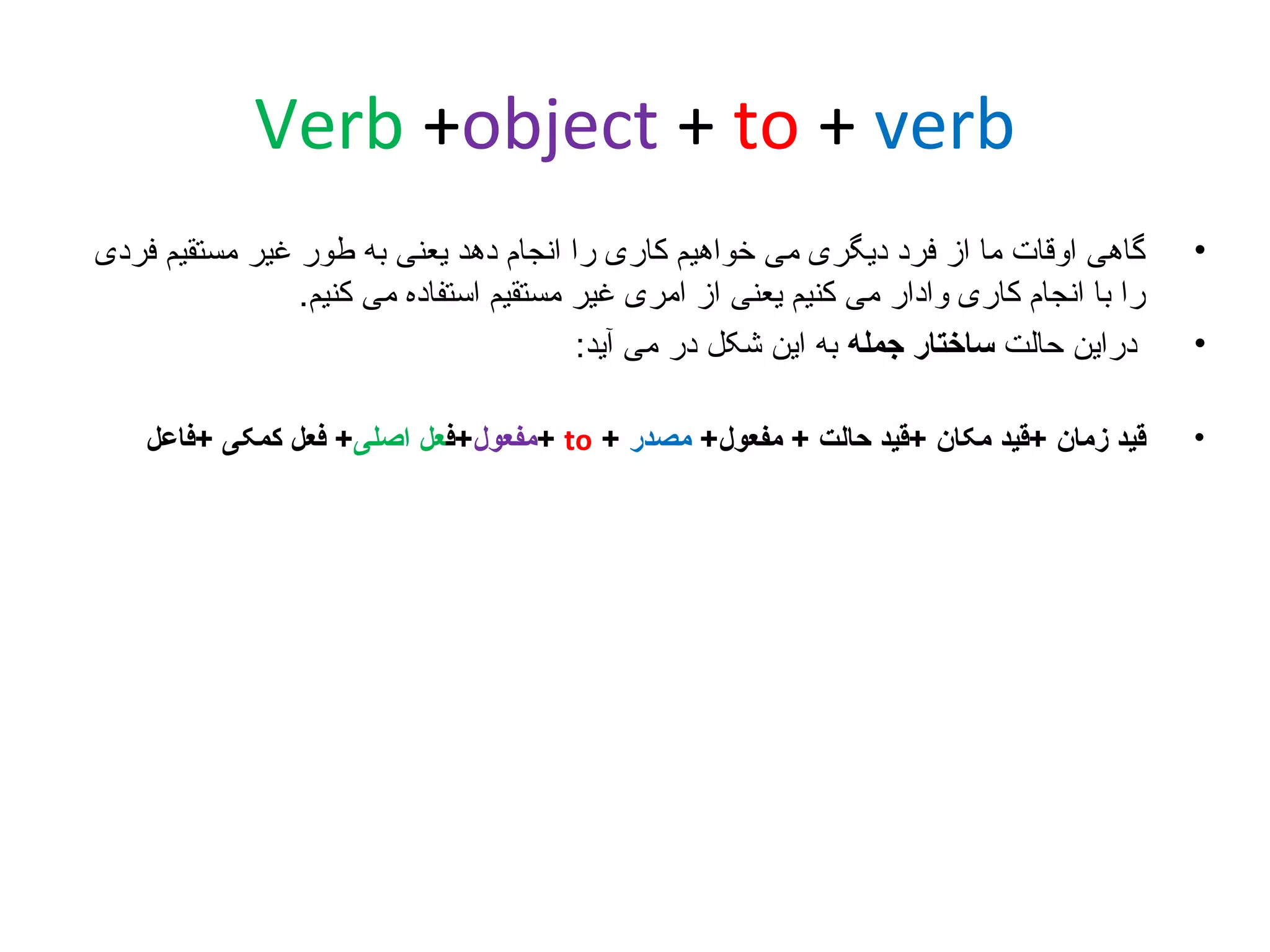 ‫‪Verb +object + to + verb‬‬
‫•‬

‫گاهی اوقات ما از فرد دیگری می خواهیم کاری را انجام دهد یعنی به طور غیر مستقیم فردی‬
‫را با انجام کاری وادار می کنیم یعنی از امری غیر مستقیم استفاده می کنیم.‬
‫دراین حالت ساختار جمله به این شکل در می آید:‬

‫•‬

‫قید زمان +قید مکان +قید حالت + مفعول+ مصدر + ‪+ to‬مفعول+فعل اصلی+ فعل کمکی +فاعل‬

‫•‬

 