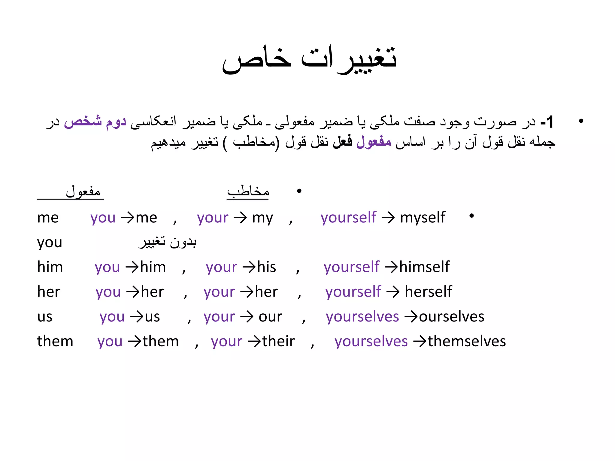 ‫تغییرات خاص‬
‫1- در صورت وجود صفت ملکی یا ضمیر مفعولی ـ ملکی یا ضمیر انعکاسی دوم شخص در‬
‫جمله نقل قول آن را بر اساس مفعول فعل نقل قول )مخاطب ( تغییر میدهیم‬
•
‫مفعول‬
‫مخاطب‬
me
you →me , your → my ,
you
‫بدون تغییر‬
him
you →him , your →his ,
her
you →her , your →her ,
us
you →us
, your → our ,
them you →them , your →their ,

yourself → myself

•

yourself →himself
yourself → herself
yourselves →ourselves
yourselves →themselves

•

 