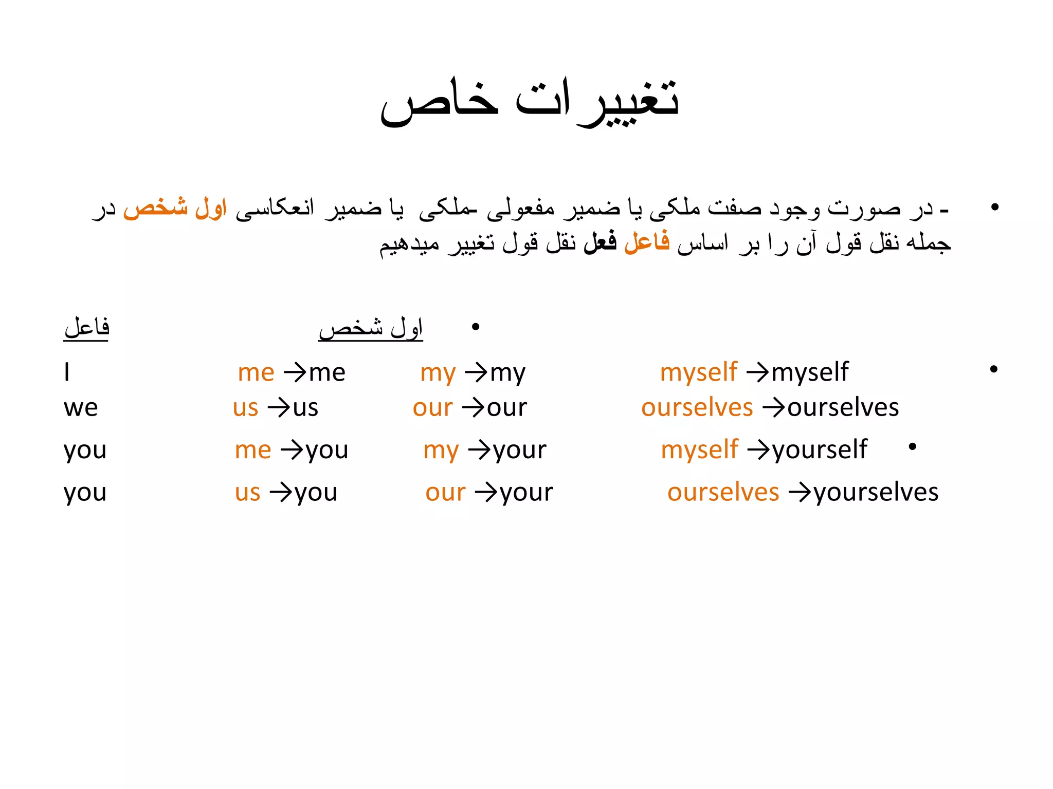 ‫تغییرات خاص‬
‫•‬

‫•‬

‫ در صورت وجود صفت ملکی یا ضمیر مفعولی -ملکی یا ضمیر انعکاسی اول شخص در‬‫جمله نقل قول آن را بر اساس فاعل فعل نقل قول تغییر میدهیم‬

‫‪myself →myself‬‬
‫‪ourselves →ourselves‬‬
‫• ‪myself →yourself‬‬
‫‪ourselves →yourselves‬‬

‫•‬
‫اول شخص‬
‫‪me →me‬‬
‫‪my →my‬‬
‫‪us →us‬‬
‫‪our →our‬‬
‫‪me →you‬‬
‫‪my →your‬‬
‫‪us →you‬‬
‫‪our →your‬‬

‫فاعل‬
‫‪I‬‬
‫‪we‬‬
‫‪you‬‬
‫‪you‬‬

 