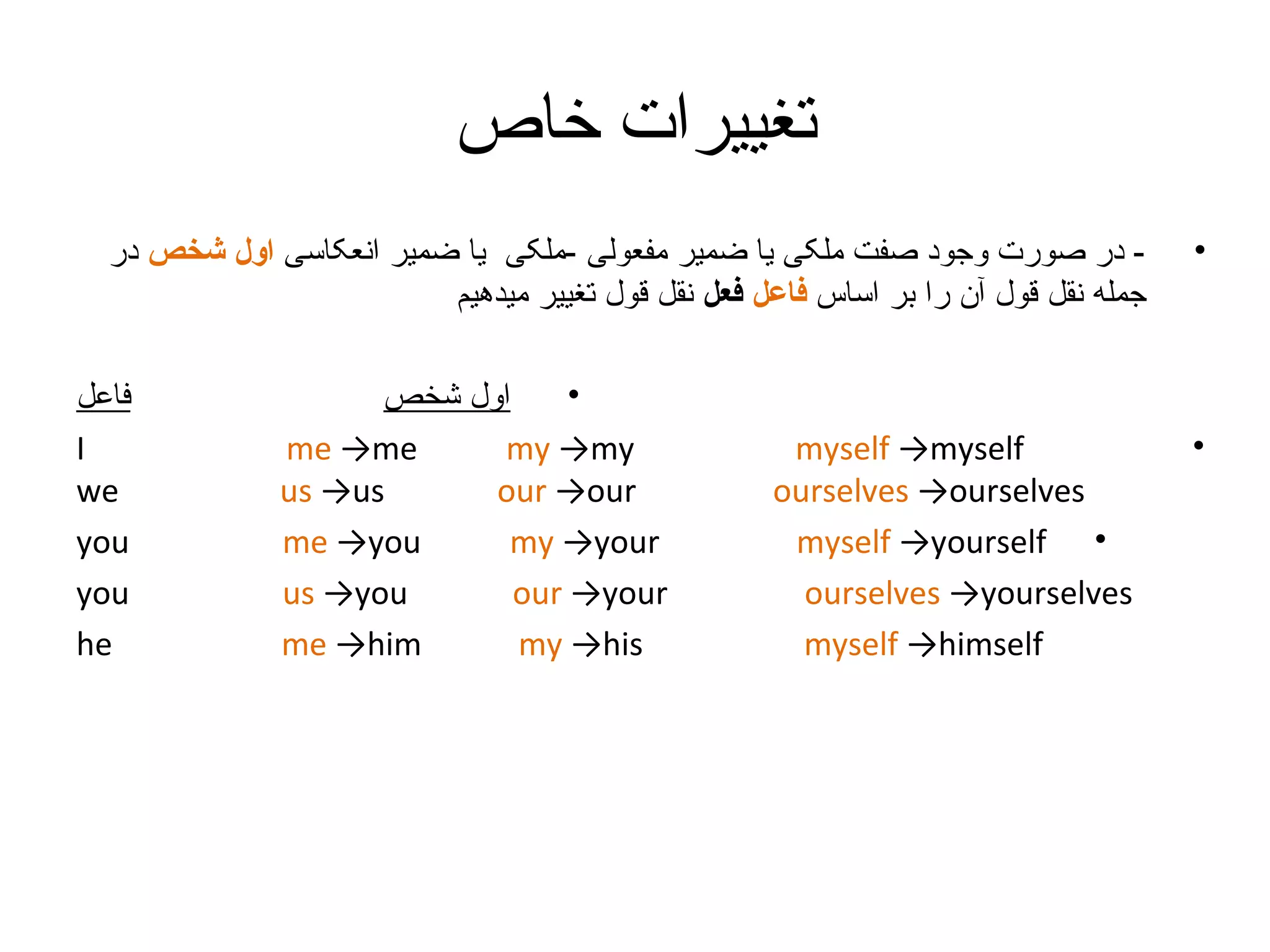 ‫تغییرات خاص‬
‫ در صورت وجود صفت ملکی یا ضمیر مفعولی -ملکی یا ضمیر انعکاسی اول شخص در‬‫جمله نقل قول آن را بر اساس فاعل فعل نقل قول تغییر میدهیم‬
‫فاعل‬
I
we
you
you
he

•
‫اول شخص‬
me →me
my →my
us →us
our →our
me →you
my →your
us →you
our →your
me →him
my →his

myself →myself
ourselves →ourselves
myself →yourself •
ourselves →yourselves
myself →himself

•

•

 