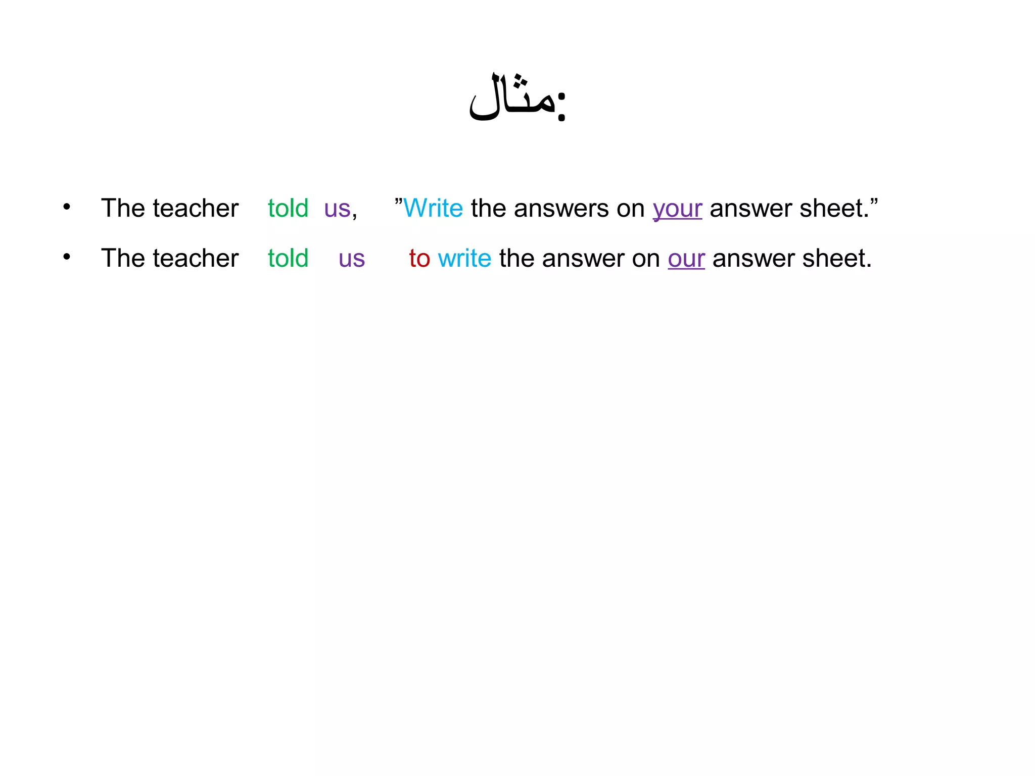 ‫:مثال‬
•

The teacher

told us,

•

The teacher

told

us

”Write the answers on your answer sheet.”
to write the answer on our answer sheet.

 