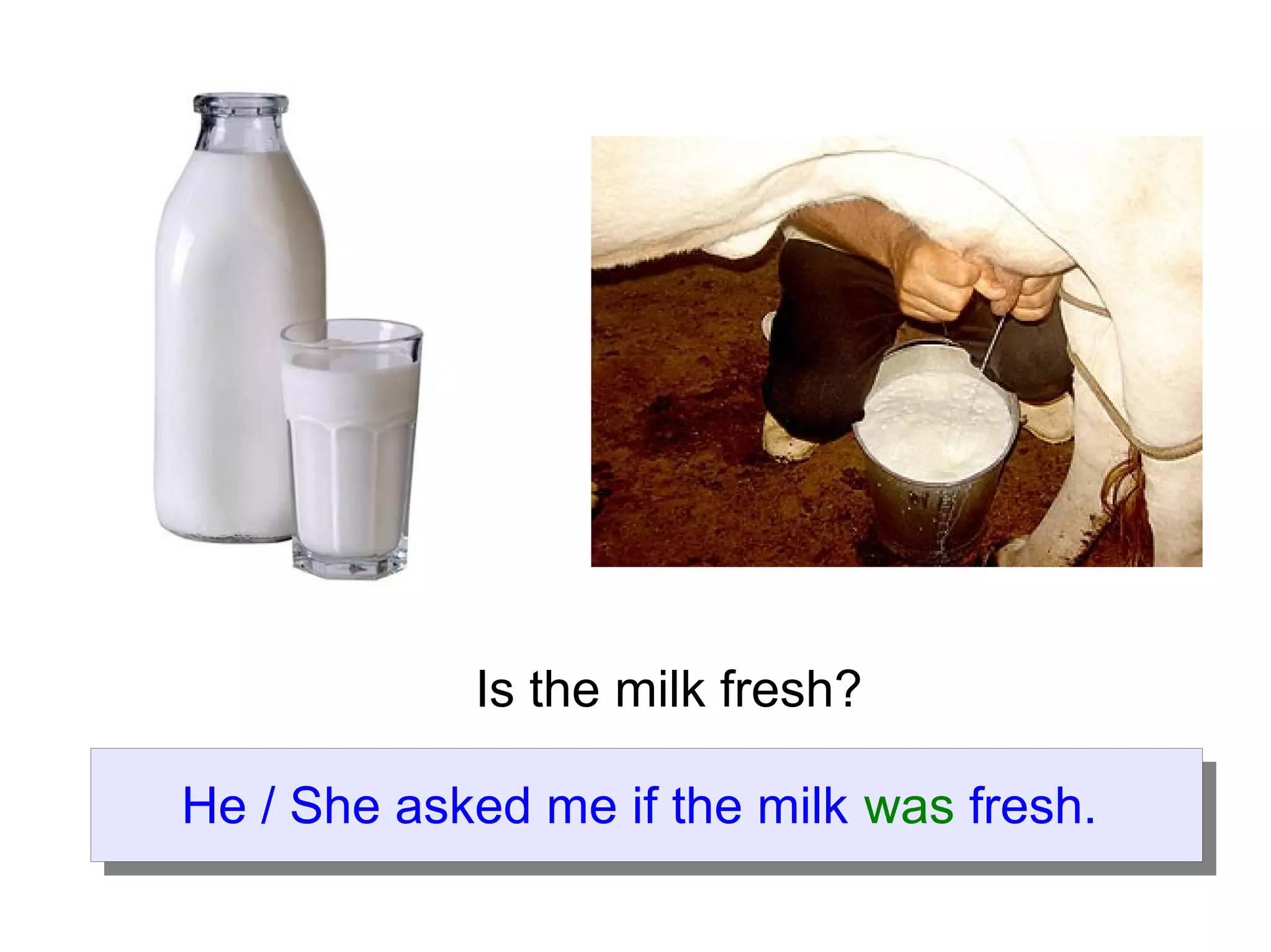 Is the milk fresh?
He / She asked me if the milk was fresh.
 