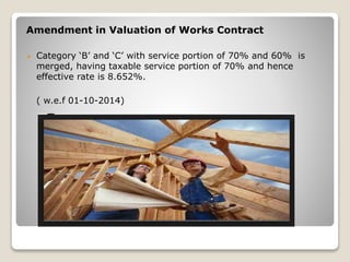 Amendment in Valuation of Works Contract
 Category ‘B’ and ‘C’ with service portion of 70% and 60% is
merged, having taxable service portion of 70% and hence
effective rate is 8.652%.
( w.e.f 01-10-2014)
 