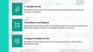 1. Taxable Event
The Indirect Taxes are levied on purchase/sale/manufacture of good and
provision of services.
2. Incidenc...