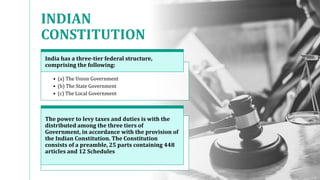 INDIAN
CONSTITUTION
• (a) The Union Government
• (b) The State Government
• (c) The Local Government
India has a three-tie...
