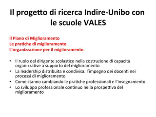 Il	
  proge9o	
  di	
  ricerca	
  Indire-­‐Unibo	
  con	
  
le	
  scuole	
  VALES	
  
Il	
  Piano	
  di	
  Miglioramento	
...