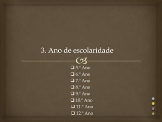  5.º Ano
 6.º Ano
 7.º Ano
 8.º Ano
 9.º Ano
 10.º Ano
 11.º Ano
 12.º Ano
 