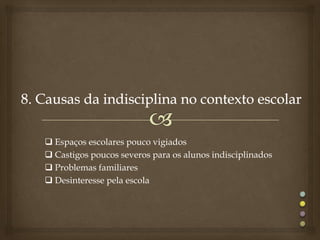  Espaços escolares pouco vigiados
 Castigos poucos severos para os alunos indisciplinados
 Problemas familiares
 Desinteresse pela escola
 